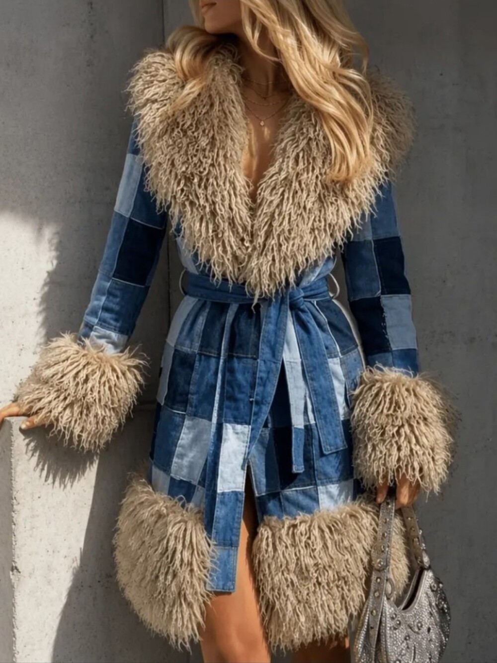 Women Faux Denim Print Winter Collar Long Sleeve Belted Waist Mid Length